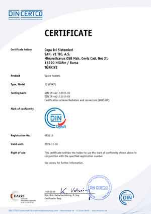 DIN CERTRO Panel Radiator Type 22 Certificate